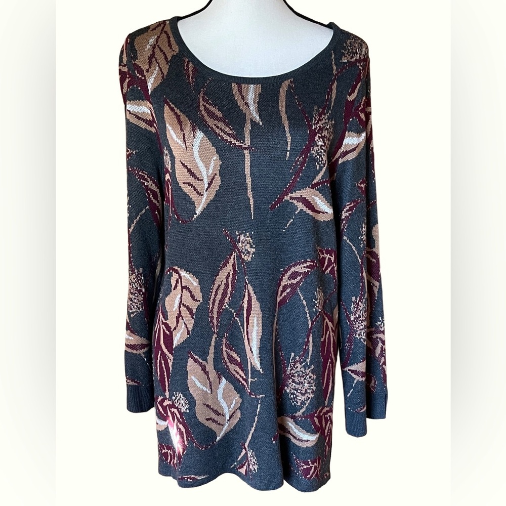 Chico’s Sweater Knit Domain Long Sleeves Tunic Leaf Design Pullover Sweater